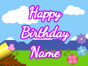 Happy Birthday GIF:Horn, hearts, mountains, cursive, white, purple