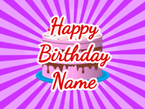 Happy Birthday GIF:purple sunburst,pink cake, red text