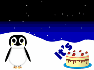 Happy Birthday GIF:Penguin: cream cake,green text,% 3 fireworks