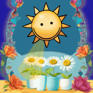Cute smiling sun shines rays of light onto daisies that launch glittery sparkles upwards.