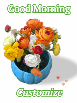 Good Morning GIF, good-morning-78 @ Editable GIFs, Flowers in blue vase as hearts float up