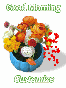 Flowers in blue vase as hearts float up