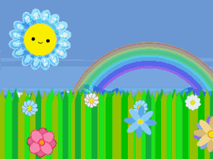 Sunny meadow rainbow morning