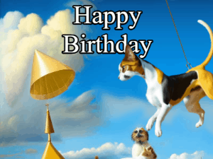 Customize this Happy Belated Birthday GIF with name and crazy Dali fun. Cat. Dog. Cakes.