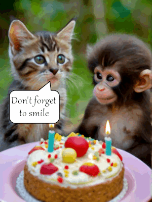 GIF with monkey and cake with birthday cake, flickering candles, they talk, a camera flash, big goofy smiles.