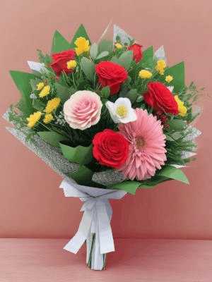 Beautiful Valentines Bouquet of Flowers with rise hearts and three lines of text to customize.