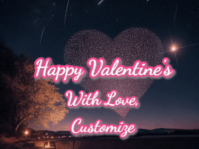 A customizable romantic Valentines gif depicting a large heart of stars in the sky with shooting stars and text.